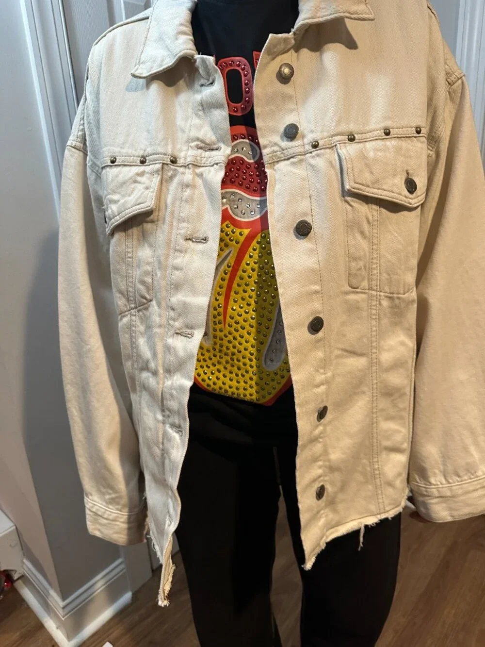 Pink Floyd Upcycled Beige Studded Oversized Jean Jacket - Picture 3 of 3